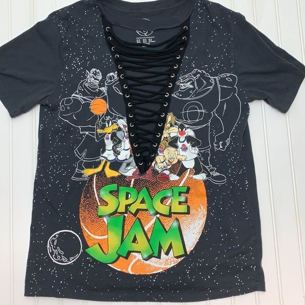 Space Jam black short sleeve lace front Tee M